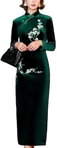 Générique Robe Longue Traditionnelle Chinoise en Velours Chi-Pao Qipao Cheongsam Élégante pour Femme Fendue sur Le Côté Manches Longues en Polaire Brodée Verte Taille M