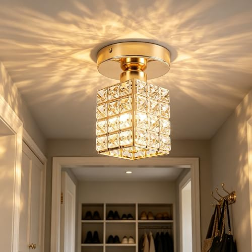 Lámpara de Techo Dorada Moderna, con Pantalla de Vidrio Decorativo y Base Metálica. Minicandelabro para Recibidor, Pasillo, Cocina y Comedor, Compatible con Bombillas E26/E27 (Bombillas no Incluidas)
