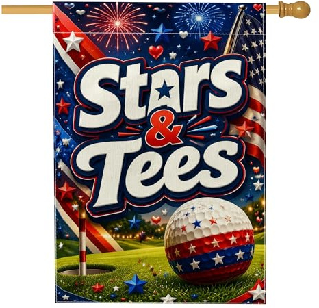 Bandiera della casa con pallina da golf, stelle patriottiche festive, fuochi d'artificio estate rossa su entrambi i lati, decorativa, per esterni, prato, cortile, patio, ingresso, 71 x 101 cm