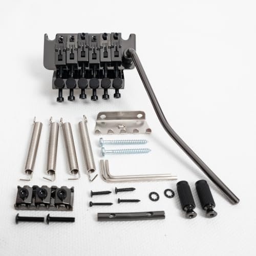 Guitar Double Locking Tremolo Bridge System Compatible with Floyd Rose Style Electric Guitar, Floating Tremolo Bridge Kit with 42mm or 43mm Locking Nut (Black Nickel-Nut 42 mm)