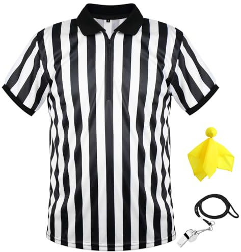 Herren Offiziell Schiedsrichter Trikot, Schwarz Weiß Streifen Hemd mit Umgedrehtem Kragen, Gelb Elfmeter Flagge und Edelstahl Pfeife mit Lanyard für Basketball Fußball (L)