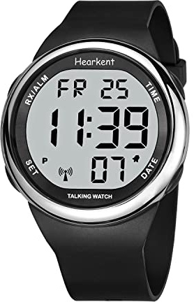 Hearkent Reloj parlante atómico para Personas con discapacidad Visual o Personas Mayores, LCD con números Grandes, fácil de Leer, Reloj parlante para Ancianos, Color Plateado