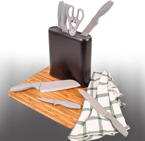 BergHOFF LEO Set of 6pc Universal Knife Block Stainless Steel Non-stick Blade PP Block (7Pc Black/Gray)