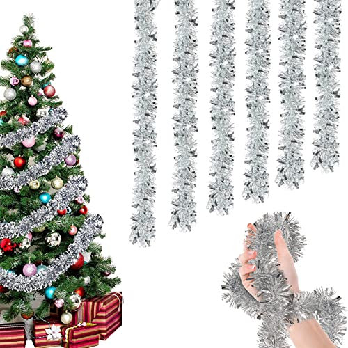 OUQIWEN Weihnachten Lametta Girlande,6 Stück x 2M Lametta Glänzend Girlande,Weihnachtsbaum Dekoration Girlande,Festliches Weihnachten Lamettaa（Silber）