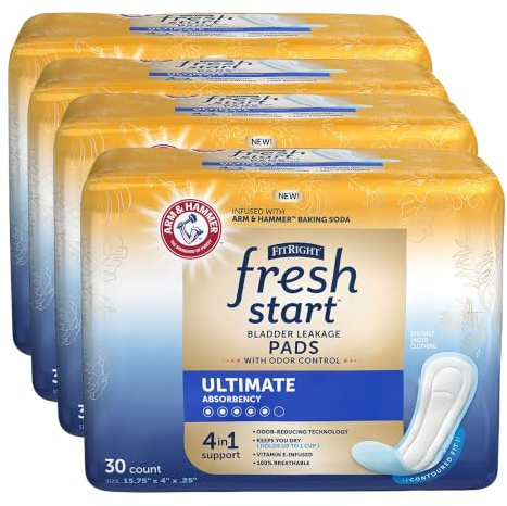 FitRight Fresh Start Postpartum and Incontinence Pads for Women, Ultimate Absorbency (120 Count) Bladder Leakage Pads with The Odor-Control Power of ARM & Hammer (30 Count, Pack of 4)