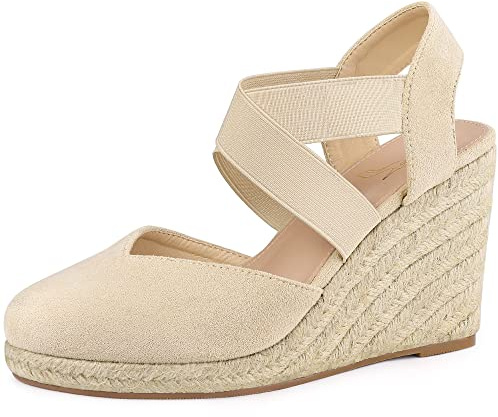 Perphy Women Faux Suede Platform Closed Toe Espadrille Wedge Heel Sandals | Slip on braided upper. Lightly padded insole. Versatile for party, work, date, wedding, cocktail, nightclub