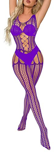 Bodystocking Sexy Femme Érotique Ouvert Lingerie Coquine Hot Combinaison Moulante Collant Bas Resille Body Dentelle Transparent sans Manches Pas Cher (Purple, One Size)
