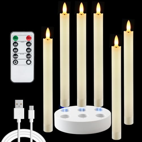 Homemory Rechargeable Flameless Taper Candles, Real Waxy LED Candlesticks Flickering, Battery Operated Candles with Remote Timer, 9.6 Inches for Home Wedding Christmas Decor, 6 Pcs, Ivory