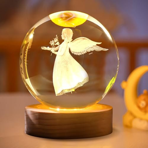 Sfera di cristallo 3D, luce notturna, decorazione natalizia, angelo luminosa, luce notturna con luce a LED, decorazione natalizia, con base in legno, regalo di Natale per ragazzi e ragazze (C)