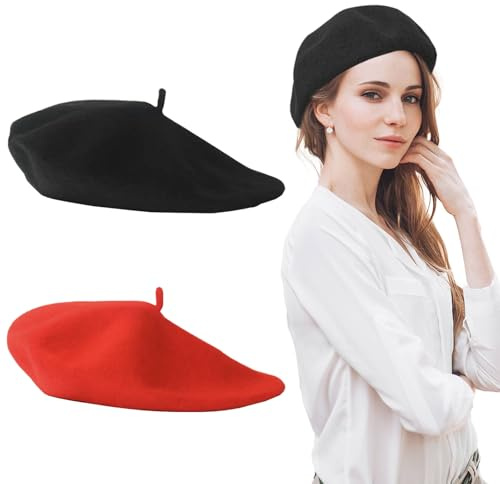 AWAVM Beret Hat,2 Pcs Blend French for Men and Women, Vintage French, Winter Autumn Ladies, Classic Solid Color, Elegant Soft Stretchy Cap, One Size Black Red