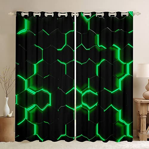 Loussiesd Honeycomb Blickdichte Vorhänge,Geometrie Hexagon Theme mit grünen Neon Lichtern Fenstervorhang 137x117cm,Jungen Teen Man Chic Zuhause Gardinen, Schwarz