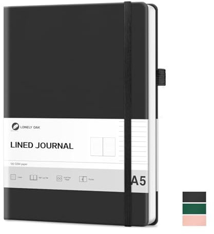 Lonely Oak Notizbuch A5 Liniert Hardcover, 120g/m²Dickes Premium Säurefreies Papier, 160 Seiten Journal mit Gummiband & Innentasche, 14,5 x 21,3 cm (Schwarz)