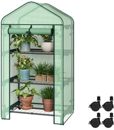 WOLTU Invernadero para Plantas, Invernadero Movil con Ruedas, Cubierta de PE 130g/m², con 3 Estantes, Puerta Enrollable con Cremallera, Verde, 70x50x131 cm