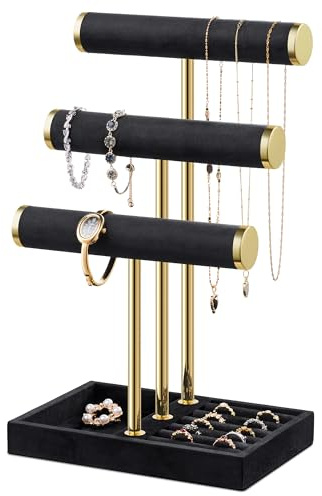 Josmimic Bracelet Holder Jewelry Organizer Display - 3 Tier T Bar Velvet Stand, Black Jewelry Storage for Bracelet, Necklaces, Earrings, Watches