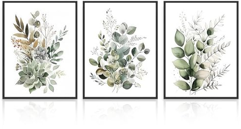 Dazzlewall 3pcs Boho Wall Art Decor, Green Leaves Botanical Poster Print for Bathroom Living Room, Eucalyptus Leaves Bedroom Wall Decor, 12x16 in Unframed