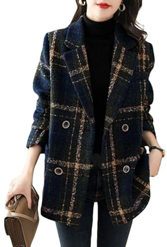 KIJSKKOPO Manteau À Carreaux En Laine Bleu Marine pour Femme, Veste Blazer En Tweed À Revers Crantés, Veste D'Hiver Chaude À Manches Longues, Pardessus Élégant pour Le Travail Et Les Affaires,