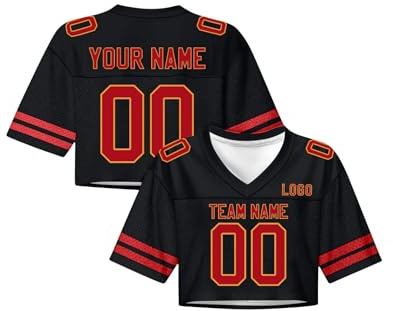 Maillot de Football Américain Personnalisés Nom et Numéro pour Femmes, Crop Top Oversize Y2K Streetwear pour Filles, Haut Court à Manches Courtes et Encolure en V, Tenue de Pom-Pom Girl