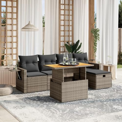 QJBSAVVA Ensemble de 6 meubles de jardin en rotin synthétique - Gris - 100 x 55 x 73 cm - Canapé réglable en hauteur avec fonction salle à manger - Groupe de sièges résistant aux UV - Pour balcon
