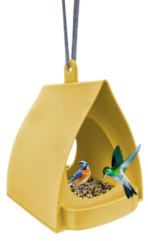 Mangiatoia per uccelli da esterno – Stazione di design aperta, forma a capanna da appendere, dispenser di cibo montato, funzione per uccelli, dettagli per giardino, inverno e balcone, scoiattolo e