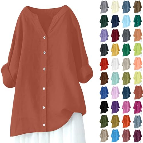 Chemise Lin Femme Grande Taille Chemisier Coton Et Lin pour Femmes Col en V Bouton Manches Longues Top Tunique Couleur Unie Lâche Respirant T-Shirts Été Blouse Femme Chic Et Élégant