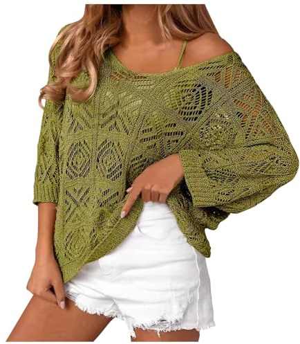 Camiseta bohemia para mujer, primavera, verano, hombros descubiertos, manga 3/4, jersey de malla holgada, sudadera con capucha para playa, blusa de malla de gran tamaño, informal, jersey de punto