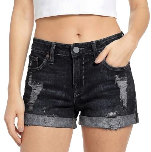 viiotu Women's Ripped Denim Shorts Mid Rise Distressed Jean Shorts Stretchy Casual Summer Shorts with Pockets Folded Hem (UK, Alpha, XXL, Regular, Regular, Black)
