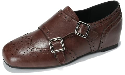 MiaZane Zapatos Oxford con Cuña Oculta para Mujer Mocasines Brogue Vintage de Punta de ala Zapatos de Vestir para Oficina y Caminar Diario,Marrón,38 EU