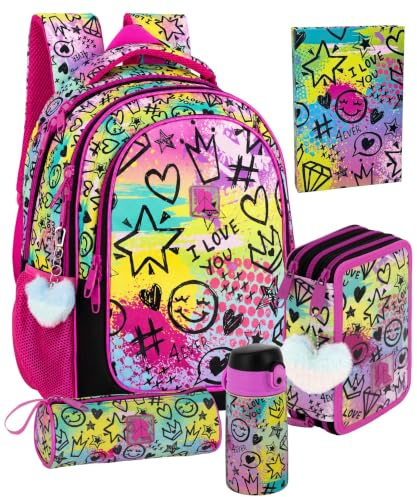 Clondo Skolpaket 5 delar – Ergonomisk skolryggsäck, 3 fack 45 delar, termisk flaska, skoldagbok, tomgång – present till grundskolan, Shiny Mood, 43x33x15 cm, Skolset