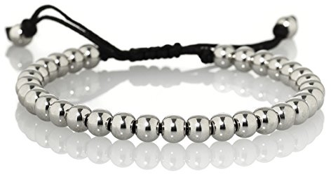 namana Pulsera de la Amistad con Bolitas de Metal. Pulsera para Hombre o Mujer con Cuerda Negra Ajustable. Pulsera Unisex (Gris Acero, Acero Inoxidable)