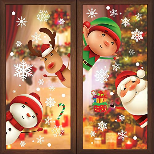 DIYDEC 82pcs Christmas Window Cling Stickers, 5 Sheet Reusable Xmas Window Decorations Santa Claus Reindeer Snowflakes Double Sides Windows Static Cling Decals for Glass Xmas Window Decorations