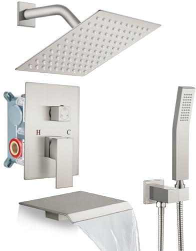 gotonovo Duschsystem, 20.3 cm, Wandmontage, gebürstetes Nickel, quadratisch, Regenduschkopf, 3 Funktionen, Wannenauslauf, Handbrause mit Rough-in-Ventil und Duschrand im Lieferumfang enthalten