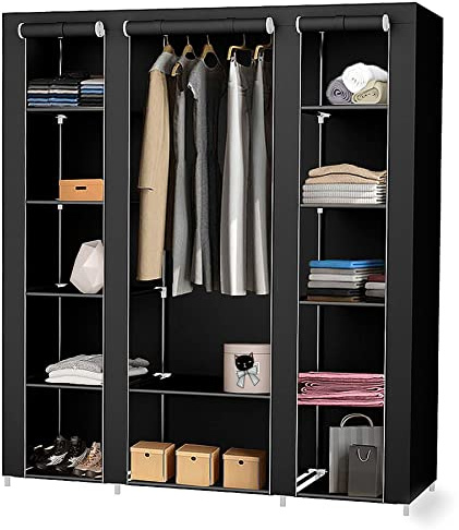 RELOVE Armadio per biancheria, con asta appendiabiti in tela, con rivestimento in tessuto, XL armadio da campeggio con asta per abiti, 175 x 150 x 45 cm, colore: nero