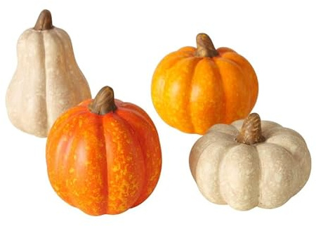 RiloStore 4er Set Kürbis Terrakotta orange Weiss 6x5cm Herbstdeko Kürbisse Geschenkset Tischdeko Herbstschmuck b479 Aufsteller Dekokürbis Herbst Dekoration