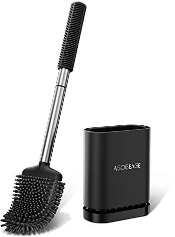 ASOBEAGE Silicone Toilet Brush: Flexible Head, Stainless Steel Handle, Wall-mounted, Quick-drying Holder for Bathroom Clean (Black)