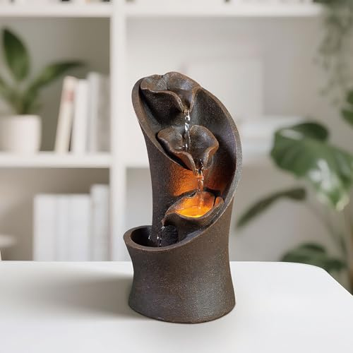 Kalona Tabletop Waterfall Fountain, 3-Tier Indoor Water Fountain for Home Office Decor, Relaxing LED Fountains with Artistic Stone-Look Design for Meditation (23005)