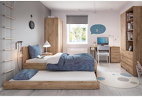 Lomadox Jugendzimmer Komplett Set mit Bett 90x200, Bettschublade, Nachttisch, Kleiderschrank, Schreibtisch, 2 Regale