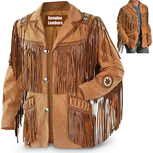 Fami Sports Chaqueta tradicional vaquera occidental de piel de ante con flecos y cuentas para hombre