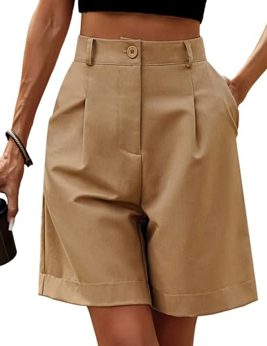 Zeagoo Women's Bermuda Shorts - High Waisted, Wide Leg, Knee Length, Elastic, Casual, Work, Summer, Size 14, Color Camel