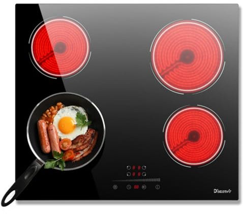 Placa Vitroceramic 4 Fuegos 6000W, Vitroceramica encastrable, Placa Electrica Cocina 56×49cm, Función de Pausa, 9 Puestos, Control táctil, con Temporizador, Cerradura Infantil
