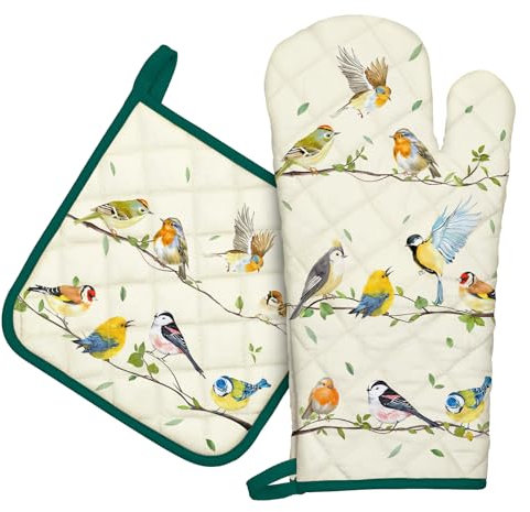 Arquiel Ofenhandschuh und Topflappen 2er Set, 100% Baumwolle Kochhandschuhe, Hitzebeständiger Küchenhandschuh Zum Kochen Backen Grillen Geschenk,Birdie
