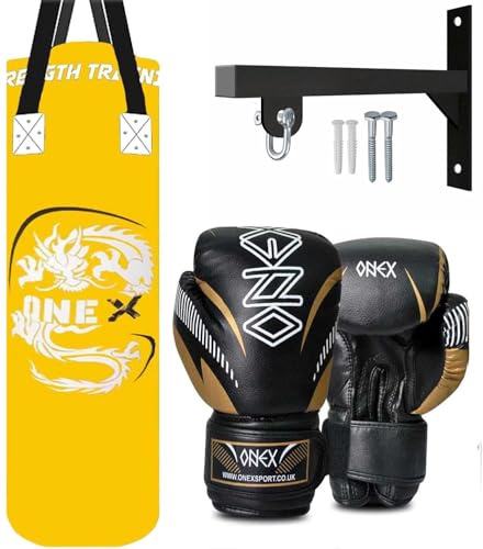 Punch Bag 3FT Heavy Duty Filled Boxing Bag Set Hanging Wall Bracket Punching Gloves MMA Kickboxing Training Muay Thai Karate BJJ Home Gym Fitness Equipment (Yellow)