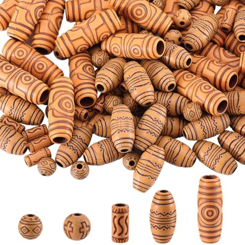 SUNNYCLUE 150 pz Perline Imitazione Legno Perline Tubo per Capelli Palla di Legno Rotonda Ovale Tubolare Treccia Acrilica Dreadlock Perline Sfuse con Foro Grande per Trecce Decorazioni Fai Da Te Bracc