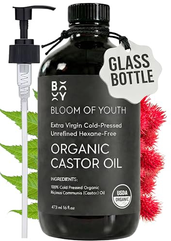 100% Pure Cold Pressed Organic Castor Oil, Glass Bottle 16oz | Hexane Free, Unrefined, USDA Certified | For Hair, Skincare, Castor Oil Pack, Face, Joints, Carrier Oil, Eyelashes, Eyebrows