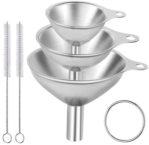 Stainless Steel Kitchen Funnel Set, 3 Sizes with 2 Cleaning Brushes, Metal Funnels Versatile Kitchen Funnels for Bottles and Containers