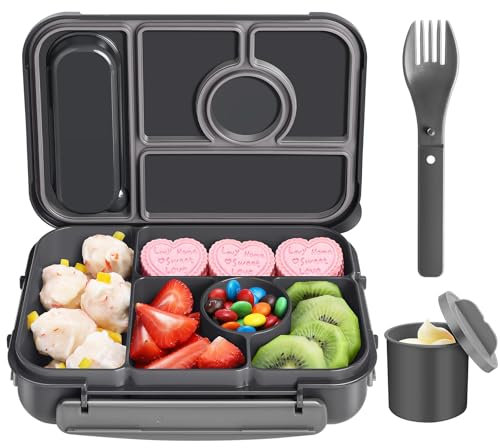 Amathley Bento Box Adult Lunch Box,Leakproof Lunch Box Kids with 1300ML-5 Compartments,Bento Box with Sauce Vontainers,Microwave & Dishwasher & Freezer (Dark Gray)