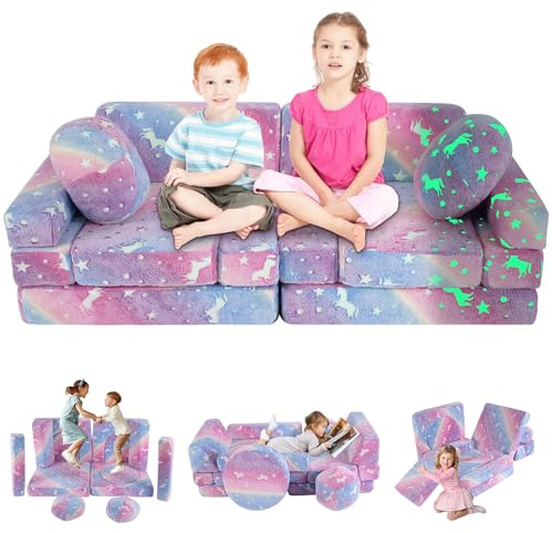 whiffee 13 PCS Kids Play Couch, Modular Glowing Kids Toddler Couches, Kid Play Couch Sofa for Playroom and Bedroom (Rainbow)