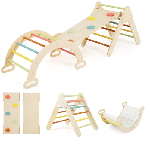 HOMASIS 3 en 1 Triángulo de Escalada Multiusos, Juguetes Montessori con Tobogán Rampa Arco, Juego de Escalada y Slide para Guardería Casa, para Niños de 1+ Año (Multicolor, con Cojín de Algodón)