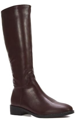 ESSEX GLAM Women's Knee High Boots Ladies Biker Riding Classic Flat Low Heel Brown Synthetic Leather Long Shoes Size 7