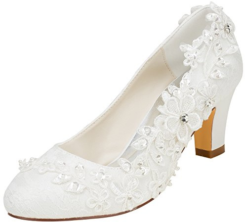 Emily Bridal Wedding Shoes Women's Silk Like Satin Chunky Heel Pumps with Stitching Lace Flower Crystal Pearl- 8.5 UK / EU 42 , Ivory