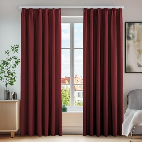 Deconovo Isolerande termiska mörkläggningsgardiner, gardiner för flickrum, modern design med öljetter, 140 x 210 cm (bredd x höjd), nr l röd, 2 stycken
